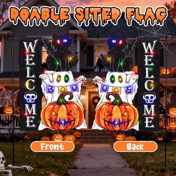 Halloween LED Garden Flag 8 Modes Feet Shape Flag, 12x18 Double Sided (Ghost) - Picture 6 of 7